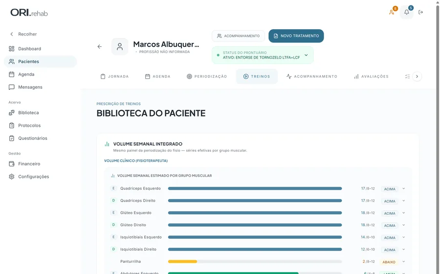 Biblioteca de treinos do paciente no ORI.rehab, com o volume semanal estimado por grupo muscular.