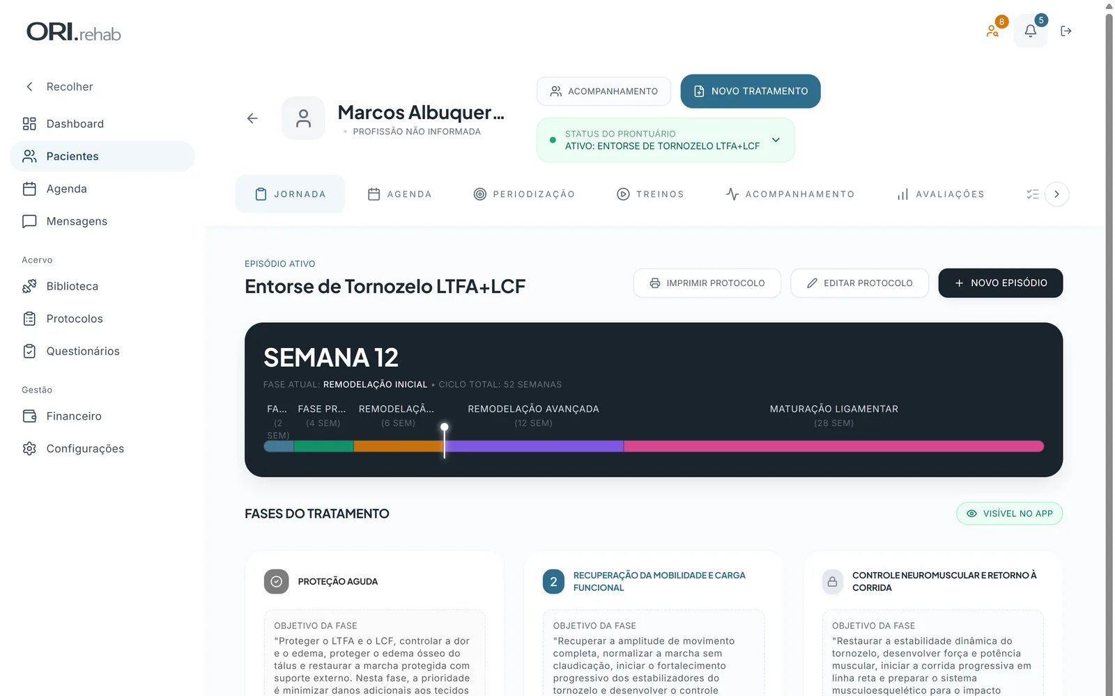 Prontuário do ORI.rehab: jornada clínica com as fases do tratamento e a semana atual do ciclo.